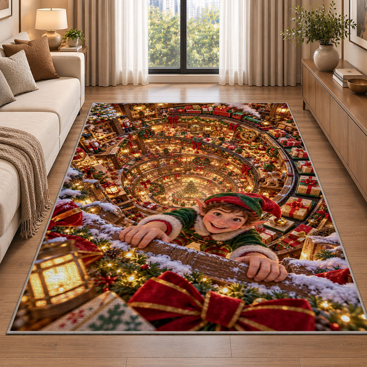 Christmas Elf Toy Workshop Rug beside a sofa in a bright living room