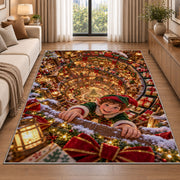 Christmas Elf Toy Workshop Rug beside a sofa in a bright living room