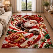 Santa Curved Candy Cane Christmas Rug beside a sofa in a bright living room