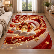 Santa Glove Golden Ornament Christmas Rug beside a sofa in a bright living room