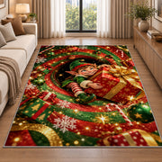 Christmas Elf Holding Gift Rug beside a sofa in a bright living room