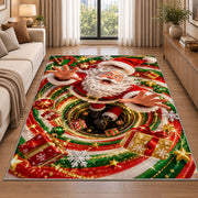Cheerful Santa Christmas Rug beside a sofa in a bright living room