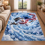 Snowman Blue Snowflake Spiral Christmas Rug beside a sofa in a bright living room