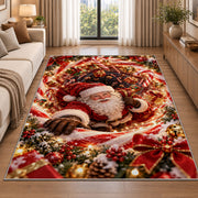 Santa Red Gold Christmas Spiral Rug beside a sofa in a bright living room