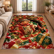 Christmas Elf Wrapped Present Rug beside a sofa in a bright living room