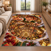 Christmas Elf Golden Workshop Spiral Rug beside a sofa in a bright living room