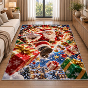 Santa Flying Presents Christmas Rug beside a sofa in a bright living room