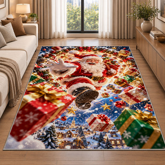 Santa Flying Presents Christmas Rug beside a sofa in a bright living room