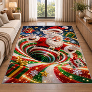 Santa Red Green Snow Spiral Christmas Rug beside a sofa in a bright living room