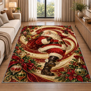 Santa swirl Christmas rug beside a sofa in a bright living room