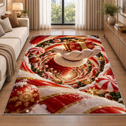 Golden Bell Christmas Rug beside a sofa in a bright living room