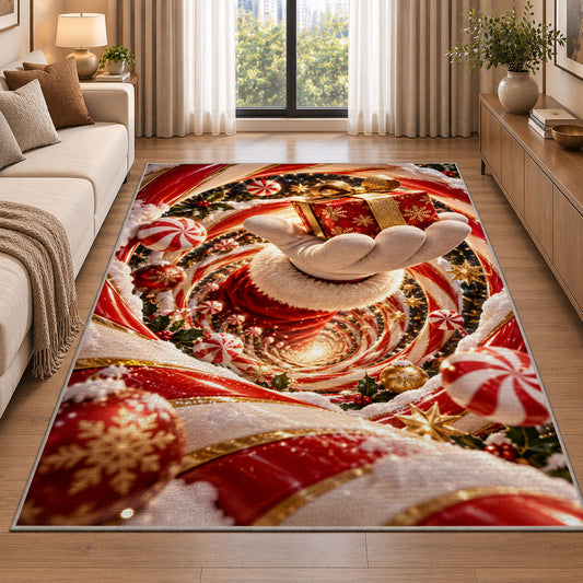 Golden Bell Christmas Rug beside a sofa in a bright living room