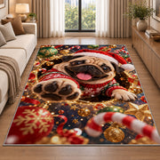 Santa Hat Christmas Rug beside a sofa in a bright living room