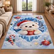 Cute Polar Bear Christmas Rug beside a sofa in a bright living room