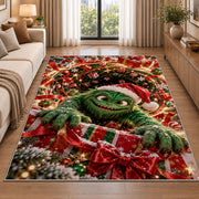 Green Holiday Monster Rug beside a sofa in a bright living room