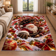 Santa Christmas Rug beside a sofa in a bright living room