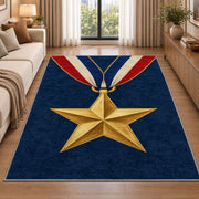 Gold Star Medal rug in a bright living room with a sofa
