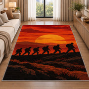 Soldiers March Sunset rug in a bright living room with a sofa