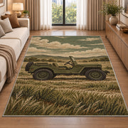 Vintage Military Jeep rug in a bright living room with a sofa