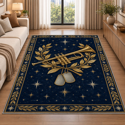 Memorial Bugle rug in a bright living room with a sofa