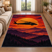 Helicopter Sunset rug in a bright living room with a sofa