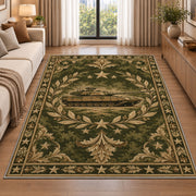 Military Tank Emblem rug in a bright living room with a sofa