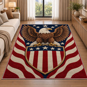 Patriotic Eagle Shield rug in a bright living room with a sofa
