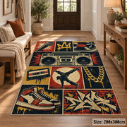 Hip Hop Street Music Collage area rug in navy, red and gold, view 2