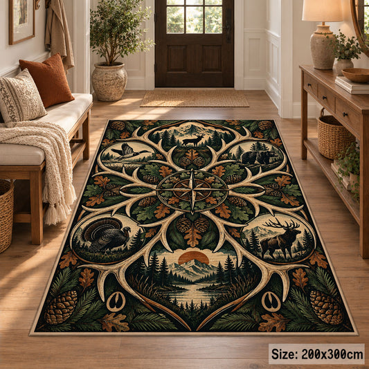 Deer Antler Woodland Emblem area rug in deep green, tan and brown, view 2