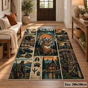 Deer Hunting Adventure Collage area rug in muted blue, tan and forest green, view 2