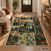 Wildlife Hunting Camp Collage area rug in pine green, warm beige and orange, view 2