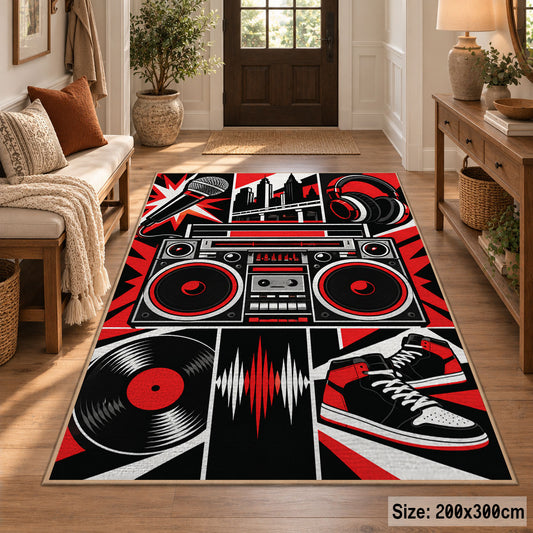 Boombox and Sneaker Graphic area rug in black, red and white, view 2