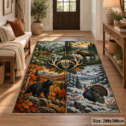 Four Season Hunting Wildlife area rug in autumn orange, snow blue and forest green, view 2