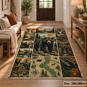 Bear and Deer Woodland Collage area rug in olive green, brown and cream, view 2
