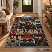 Galloping Racehorses and Track Panels area rug in muted red, navy and sepia, view 2