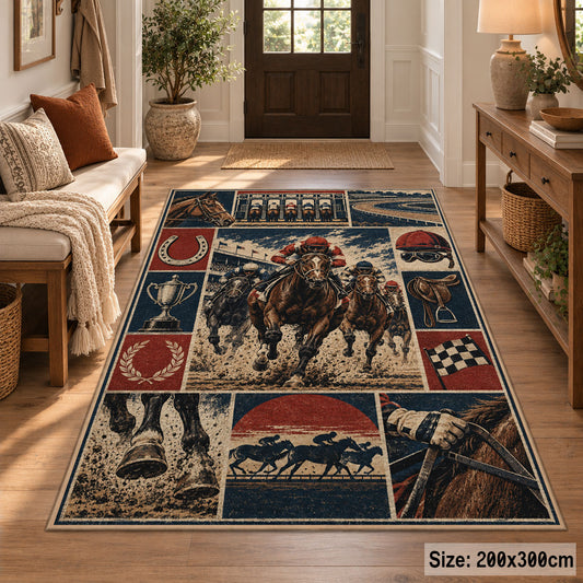 Galloping Racehorses and Track Panels area rug in muted red, navy and sepia, view 2