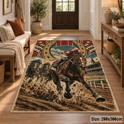 Galloping Horse and Horseshoe Medallion area rug in tan, brown and dark green, view 2