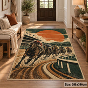 Racehorse on a Sunset Track area rug in sunset orange, cream and forest green, view 2
