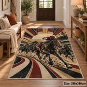 Racehorses and Sunburst Track area rug in warm ochre, burgundy and slate, view 2