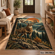 Stag in a Pine Forest area rug in sunset orange, forest green and tan, view 2