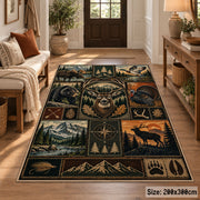 Woodland Hunting Camp Grid area rug in warm brown, sage and charcoal, view 2