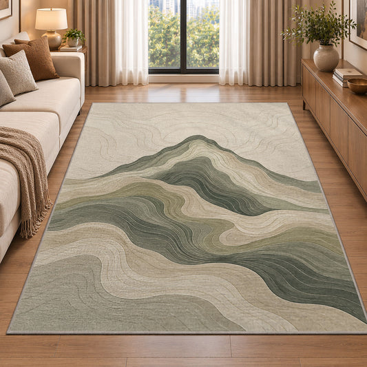 Abstract Mountain Wave Area Rug, Sage Green Layered Landscape Rug, Modern Neutral Decor - Image 2