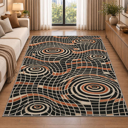 Optical Spiral Grid Area Rug, Black Orange Geometric Illusion Rug, Bold Modern Room Decor - Image 2