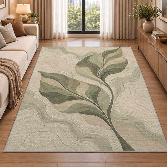 Botanical Branch Area Rug, Sage Green Leaf Pattern Rug, Elegant Neutral Living Room Decor - Image 2