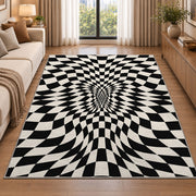Warped Checkerboard Area Rug, Black Cream Optical Illusion Rug, Bold Geometric Room Decor - Image 2