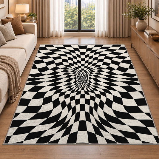 Warped Checkerboard Area Rug, Black Cream Optical Illusion Rug, Bold Geometric Room Decor - Image 2