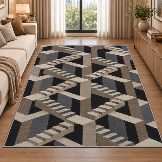 Impossible Staircase Area Rug, Gray Beige Geometric Illusion Rug, Modern Statement Decor - Image 2