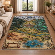 Kingdom map rug with castle, mountain peaks, forests, and lake in a living room beside a sofa