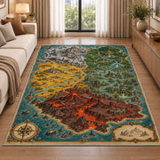 Fantasy island map rug with red volcanic terrain, green forest, and turquoise sea in a living room beside a sofa