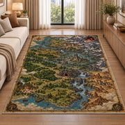 Fantasy river valley map rug with forest settlements and mountain fortress in a living room beside a sofa